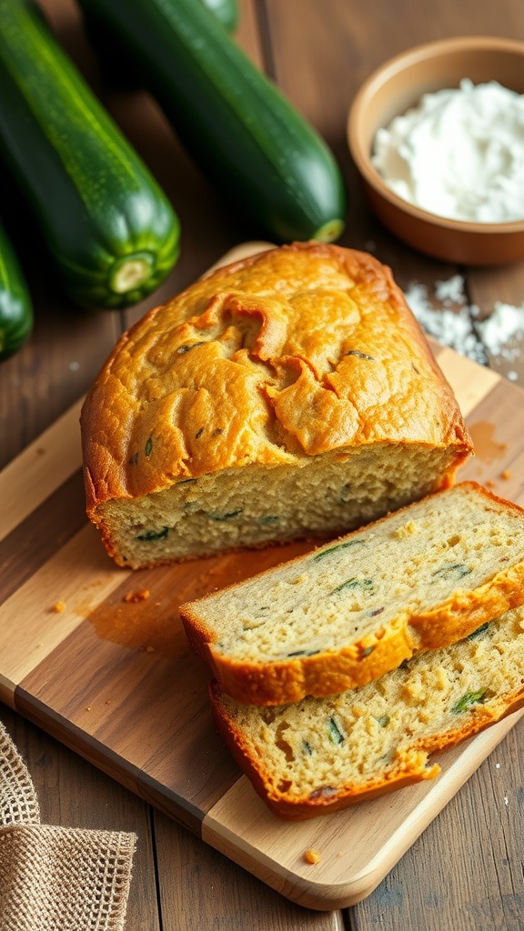 A loaf of vegan zucchini bread with slices cut, on a cutting board in a rustic kitchen.